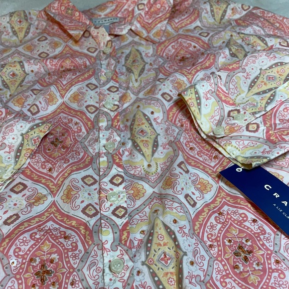 Crazy Horse by Liz Claiborne Coral and Yellow Patterned Beaded Button-Up Shirt - Picture 3 of 6